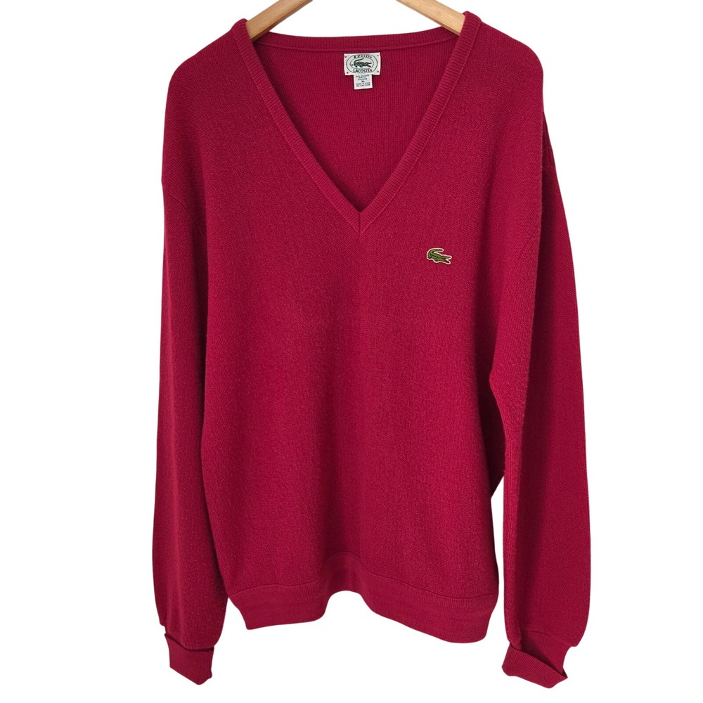 Vintage Izod Lacoste Mens XL V-Neck Sweater Pink Orlon Acrylic USA Made 80s Logo